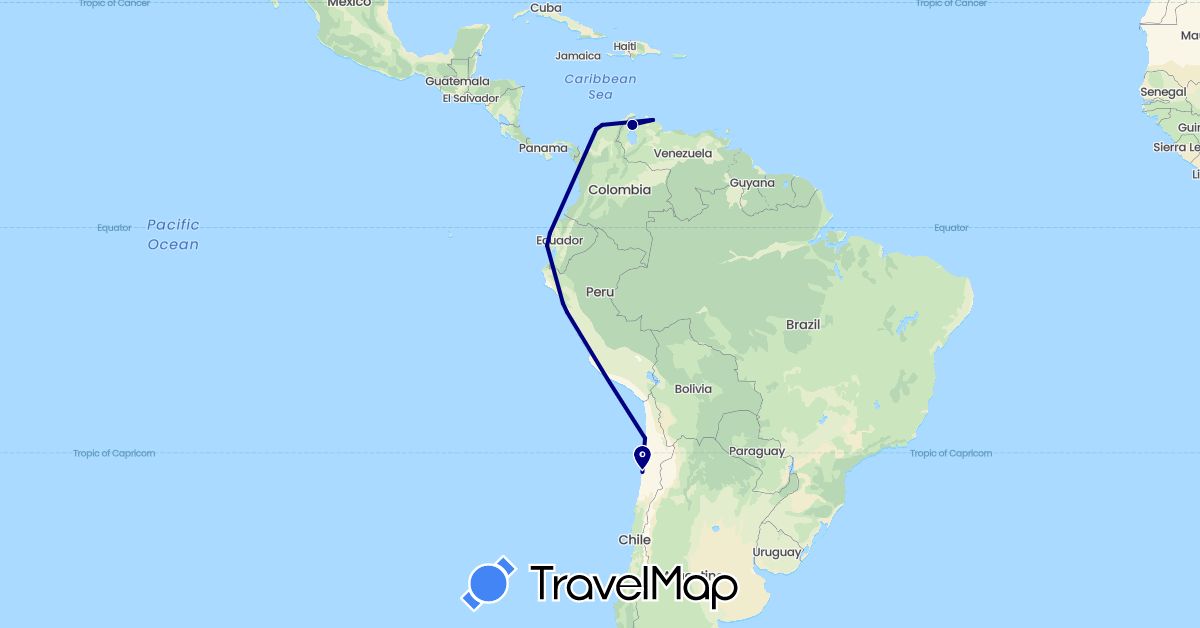 TravelMap itinerary: driving in Chile, Colombia, Ecuador, Peru, Venezuela (South America)